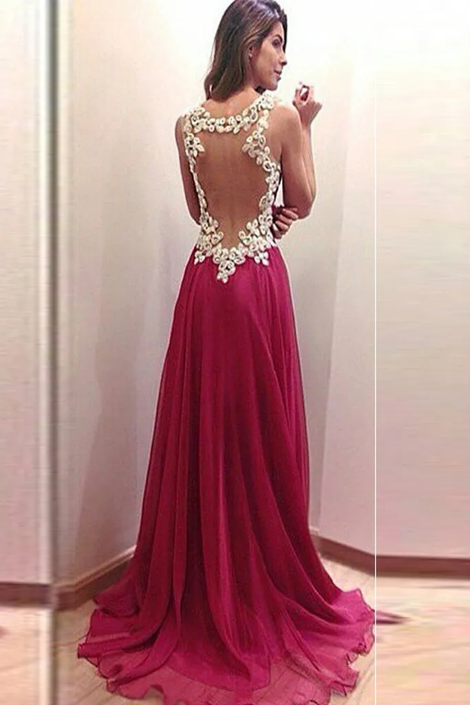 Open Back Chiffon Lace Long Simple Cheap Prom Dresses PFP1232