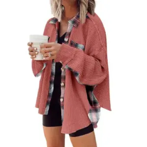 Overcome The Odds Plus Watermelon Red Plaid Waffle Splice Button Shirt (Size 2X)