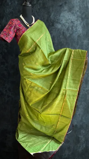 Parrot Green pure tussar silk with kantha work silk blouses Partywear Indian saree usa