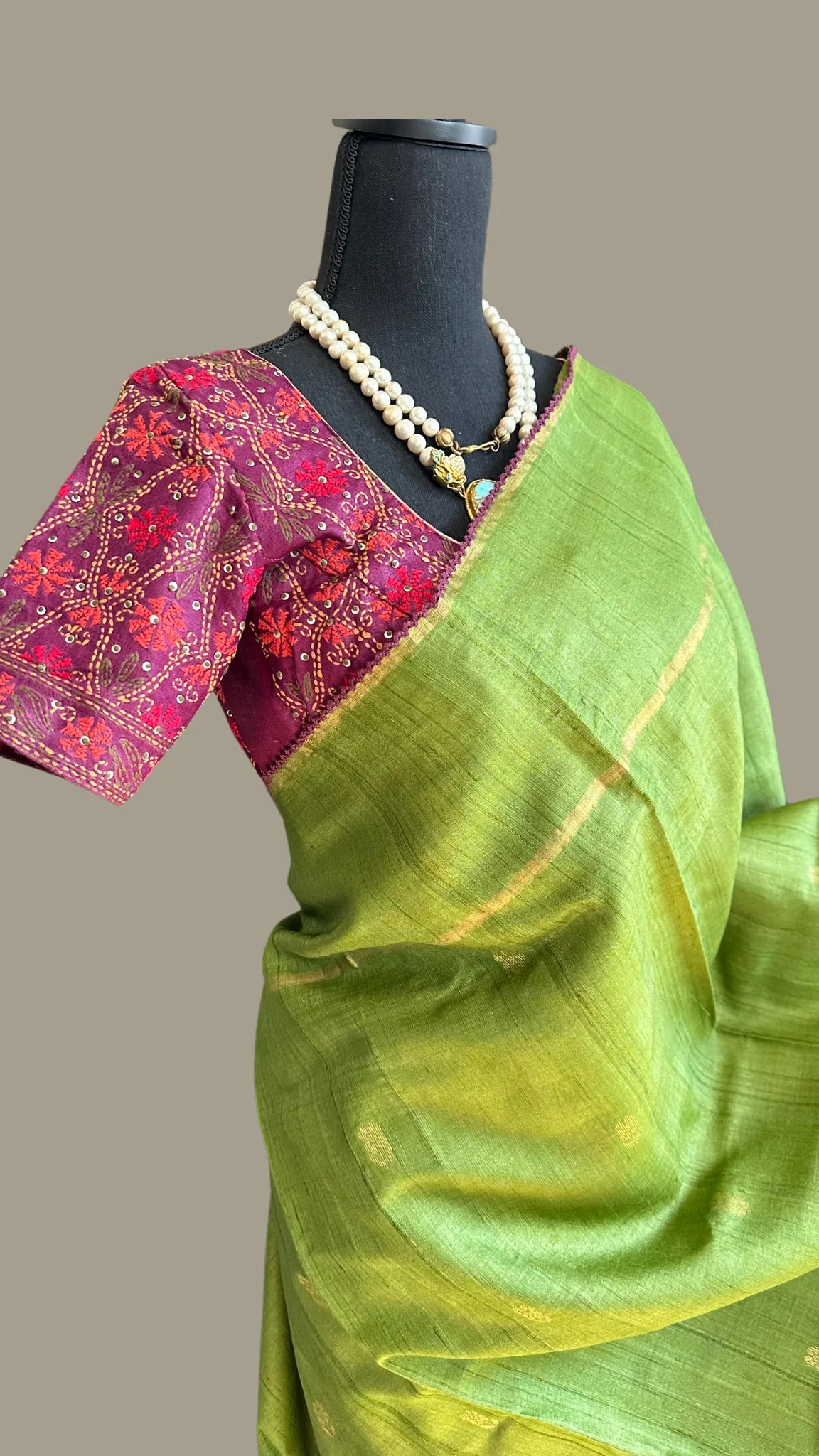 Parrot Green pure tussar silk with kantha work silk blouses Partywear Indian saree usa