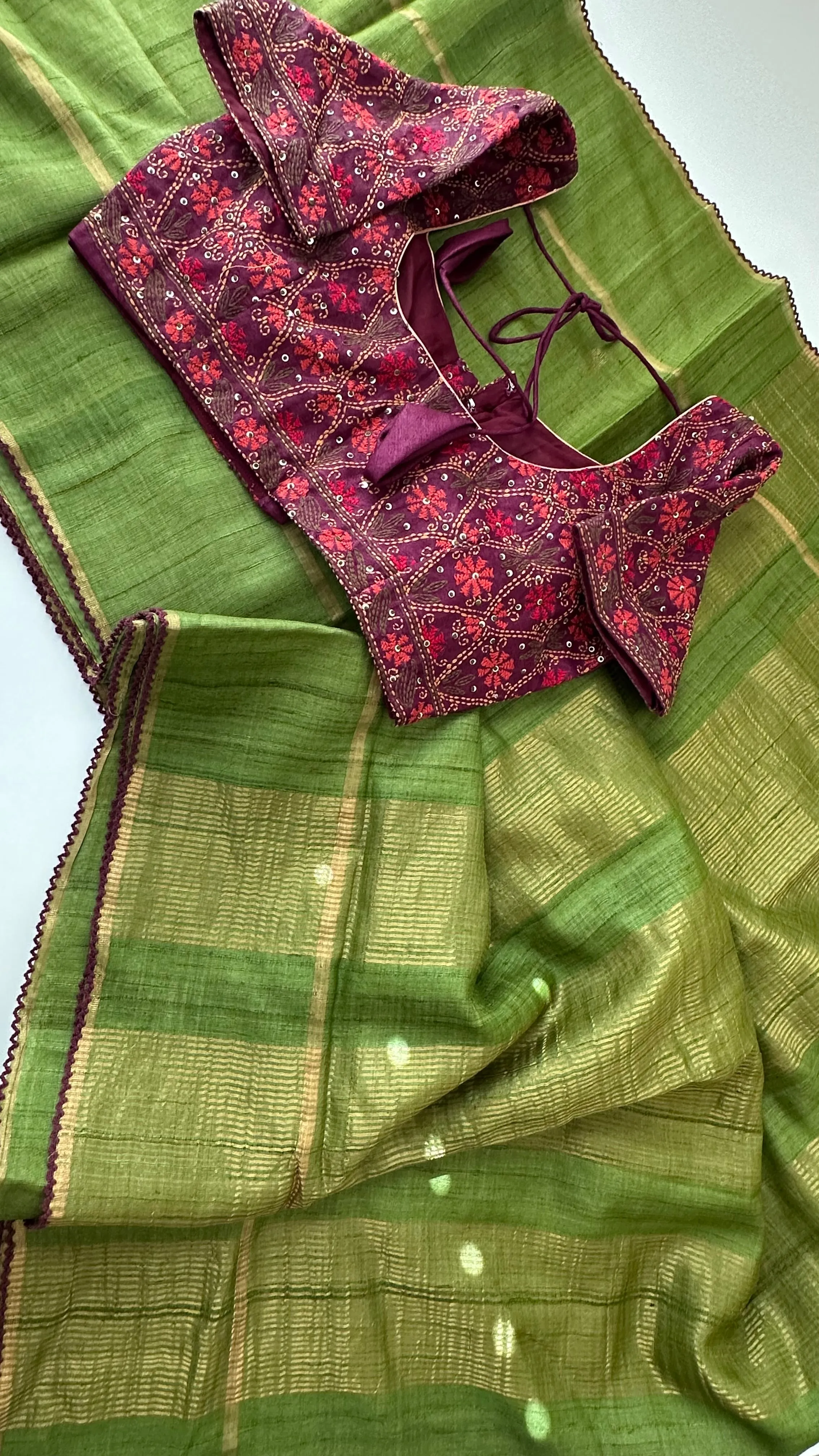 Parrot Green pure tussar silk with kantha work silk blouses Partywear Indian saree usa