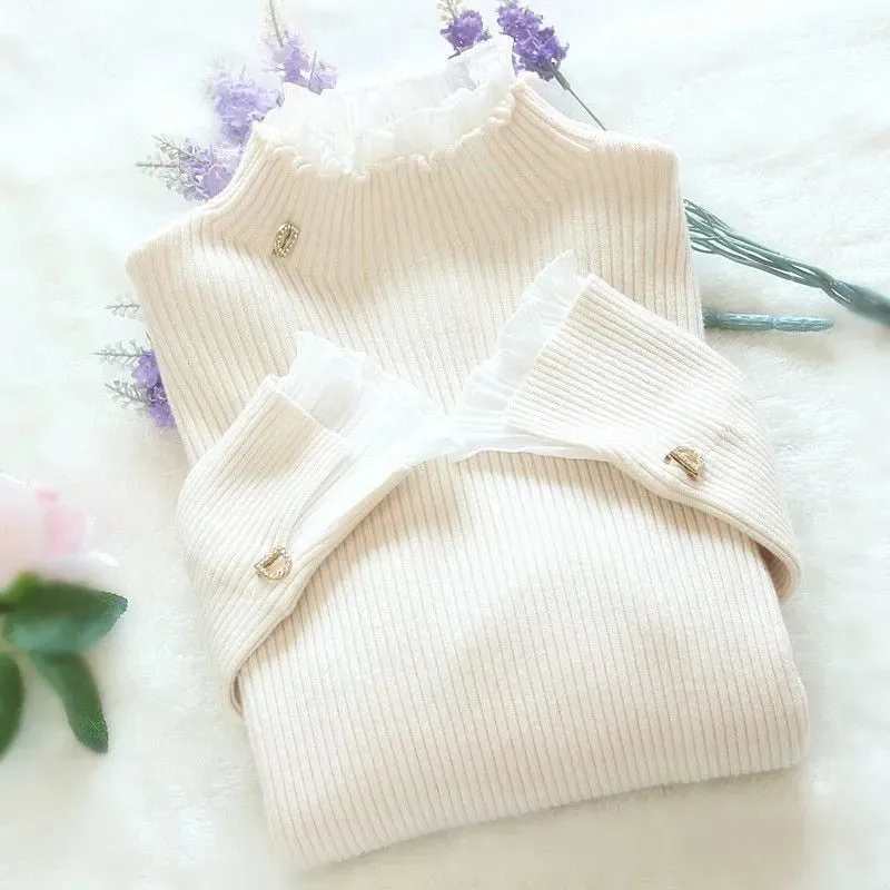 Patchwork Warm Sweater Elegant Long Sleeve Slim Turtleneck Knitted
