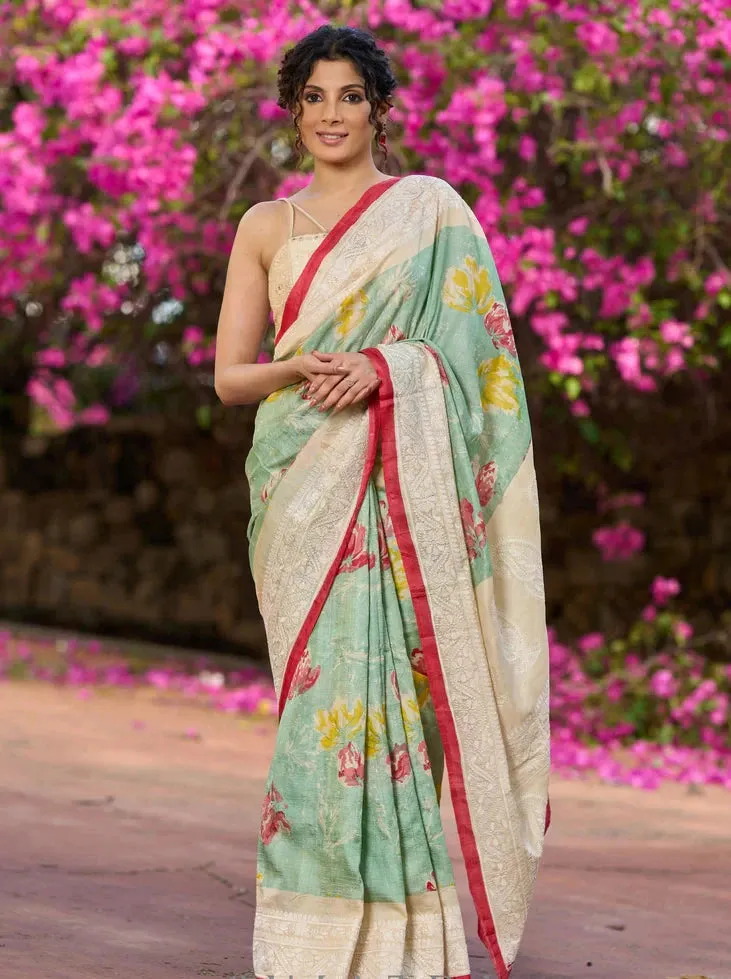 Pista Green Pure Tussar Silk Printed Saree