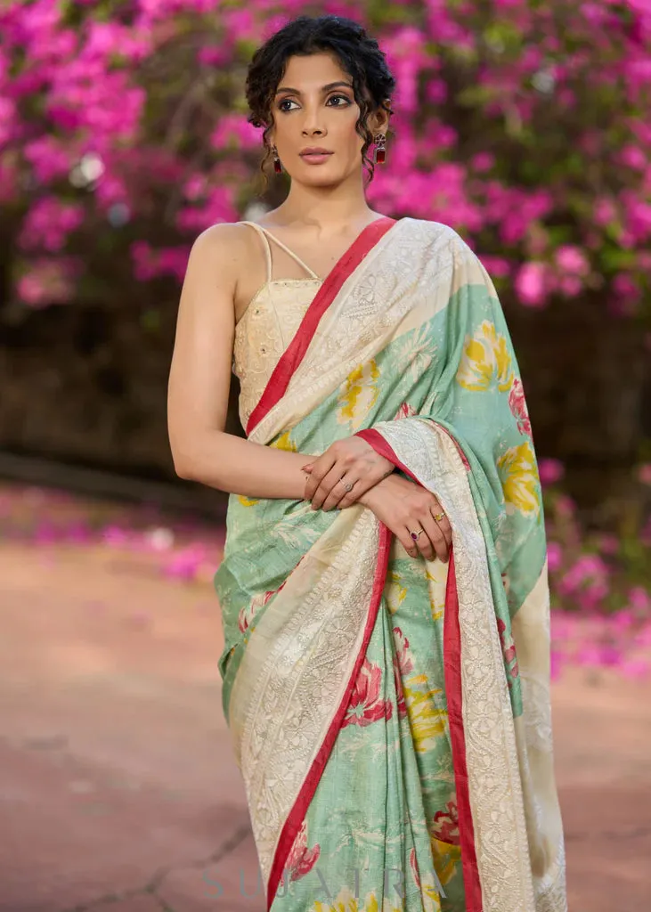 Pista Green Pure Tussar Silk Printed Saree