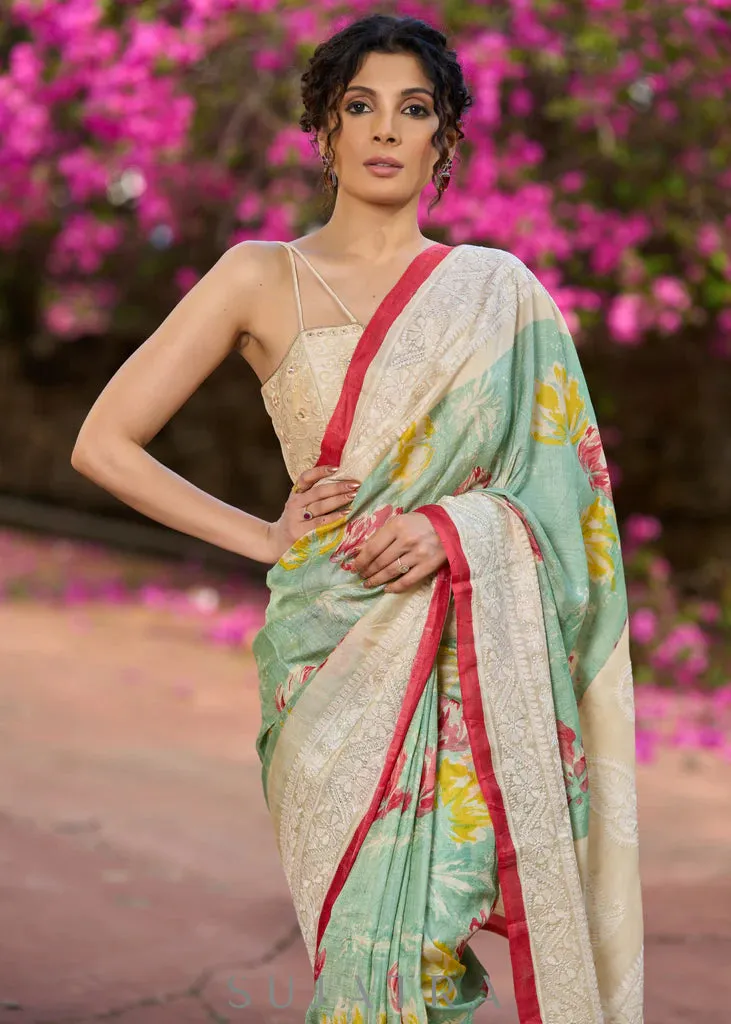 Pista Green Pure Tussar Silk Printed Saree