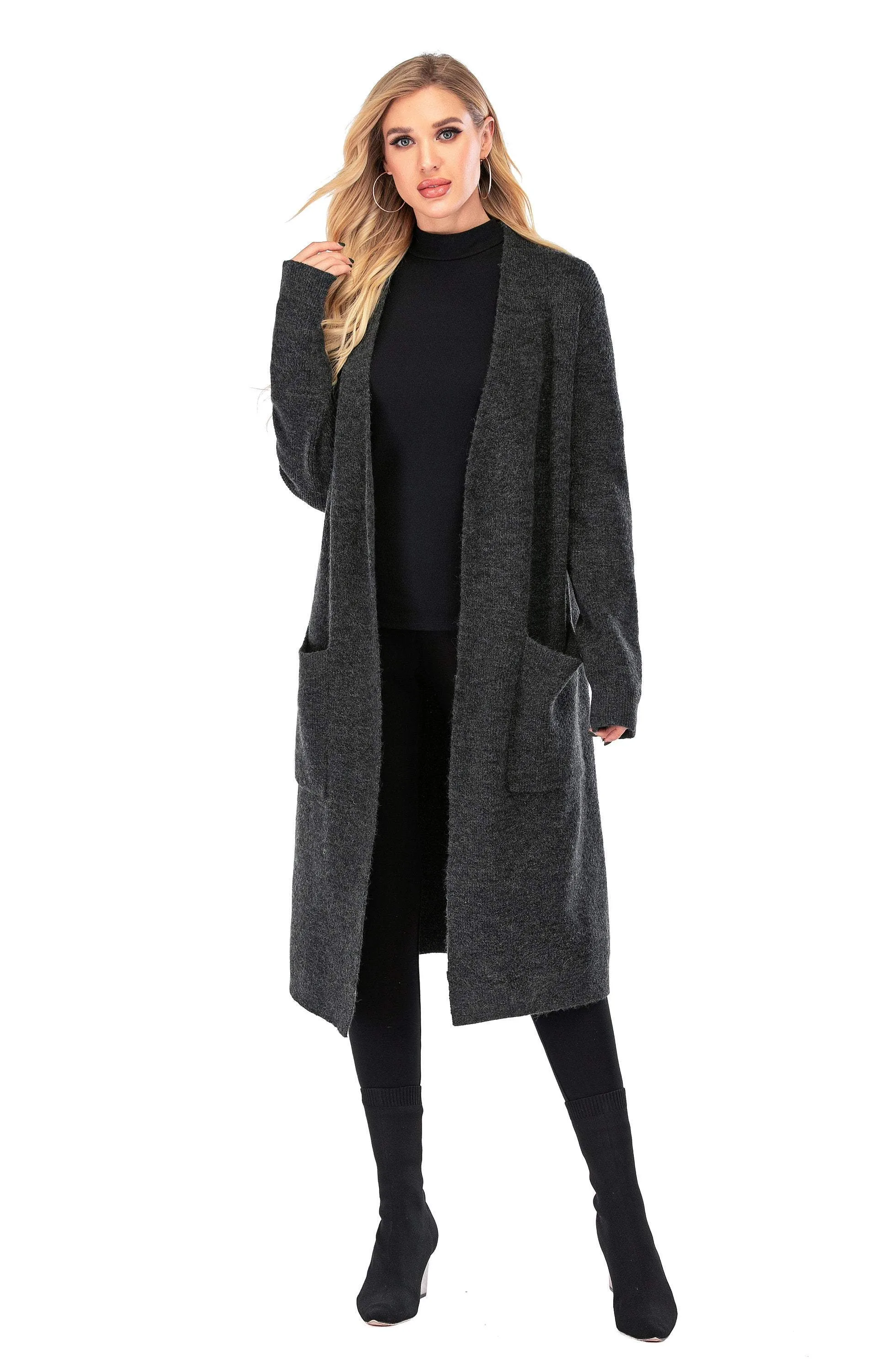 Plain Women's Wool Open Front Cardigan with Pockets