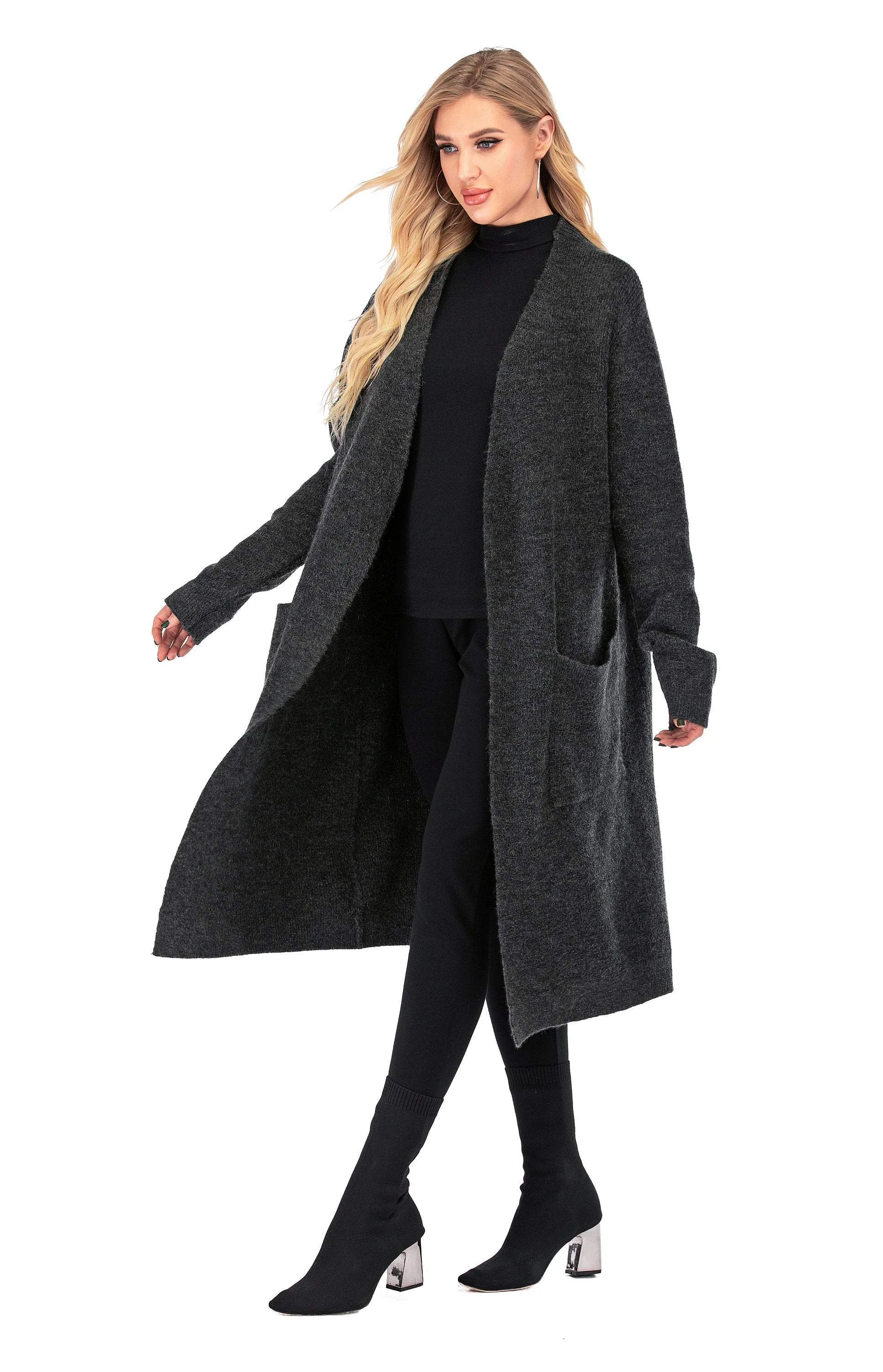 Plain Women's Wool Open Front Cardigan with Pockets