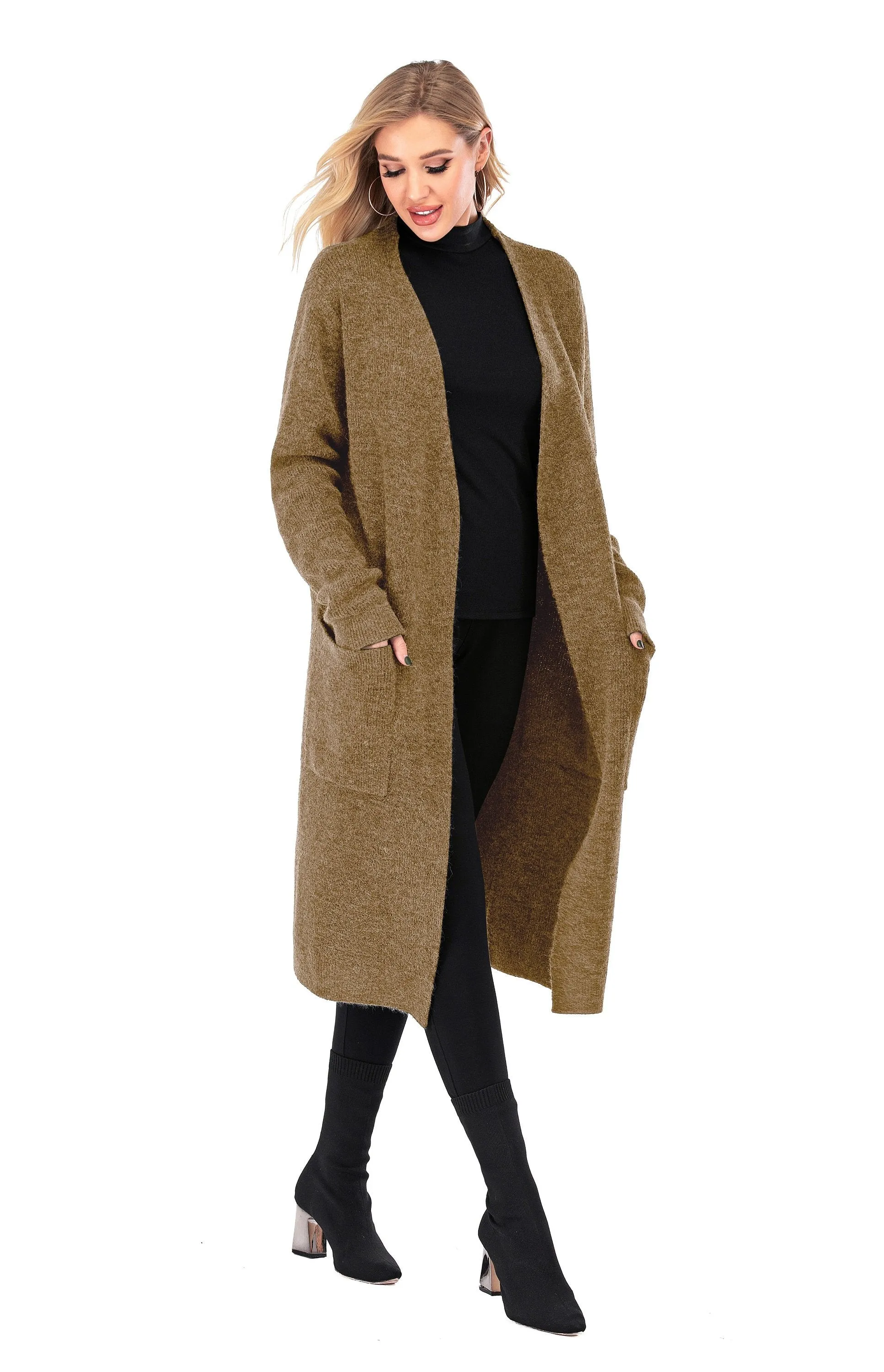 Plain Women's Wool Open Front Cardigan with Pockets