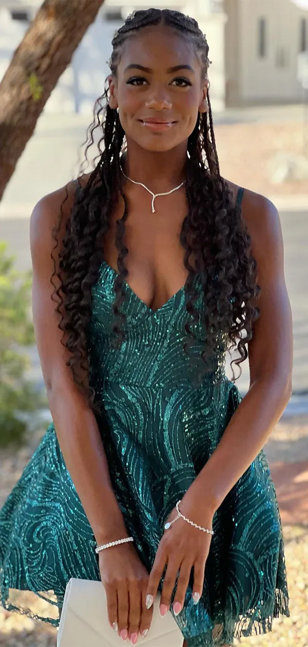 Popular Green V-neck Spaghatti Strap Short Homecoming Dress Graduation Party Dress , QB0871