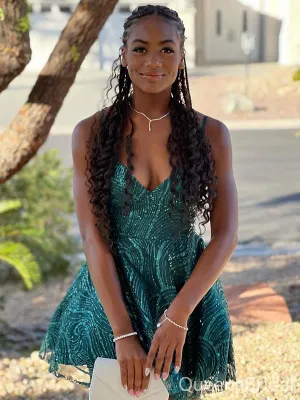 Popular Green V-neck Spaghatti Strap Short Homecoming Dress Graduation Party Dress , QB0871