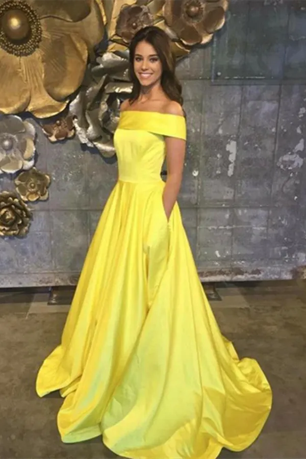 Promfast Simple Prom Dresses Yellow A line Off the shoulder Cheap Long Prom Dresses, Evening Dress PFP2018