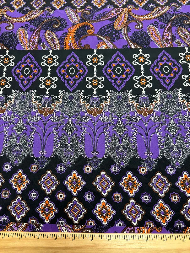 Purple Medallion Stripe Print Poly Charmeuse Satin Fabric