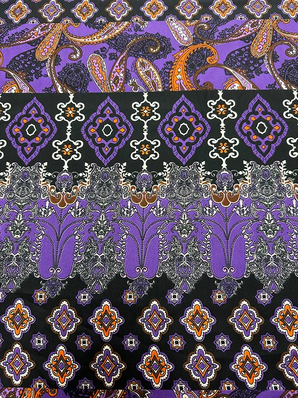 Purple Medallion Stripe Print Poly Charmeuse Satin Fabric