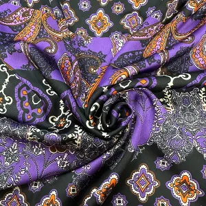 Purple Medallion Stripe Print Poly Charmeuse Satin Fabric