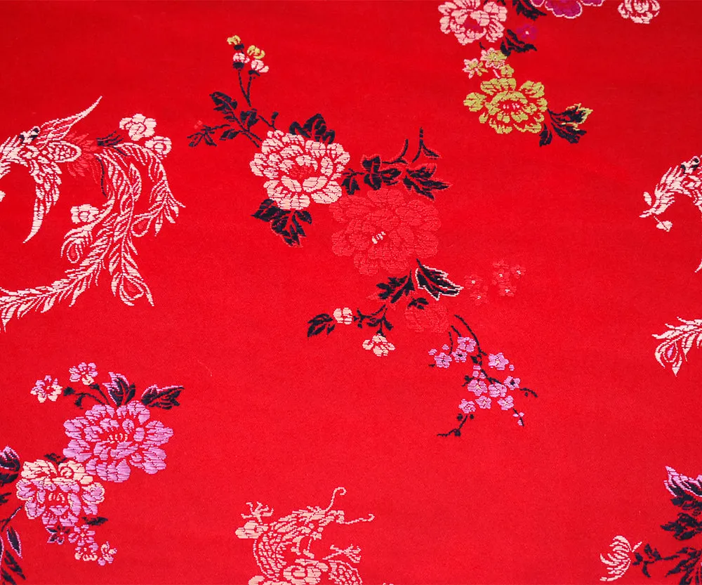 Red-Black-Multi Polyester Floral Dragon Chinese Brocade Woven Fabric