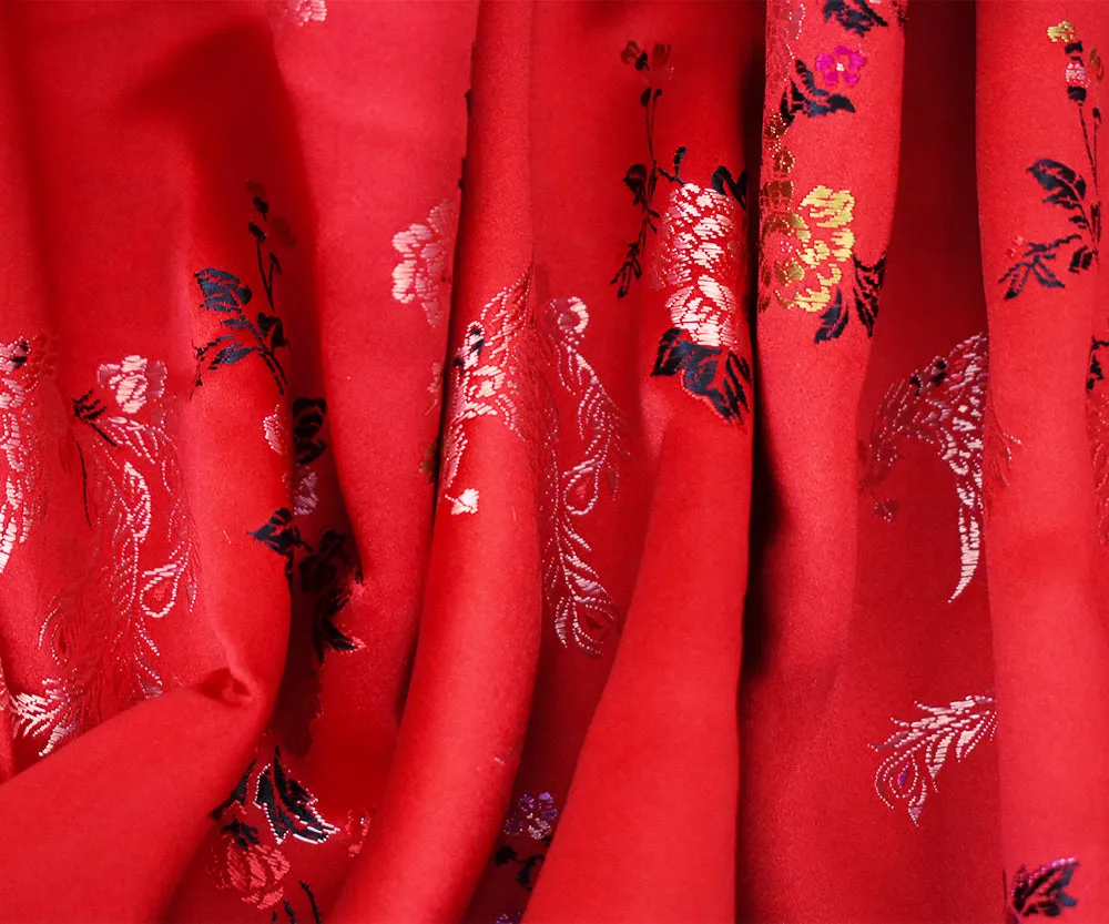 Red-Black-Multi Polyester Floral Dragon Chinese Brocade Woven Fabric