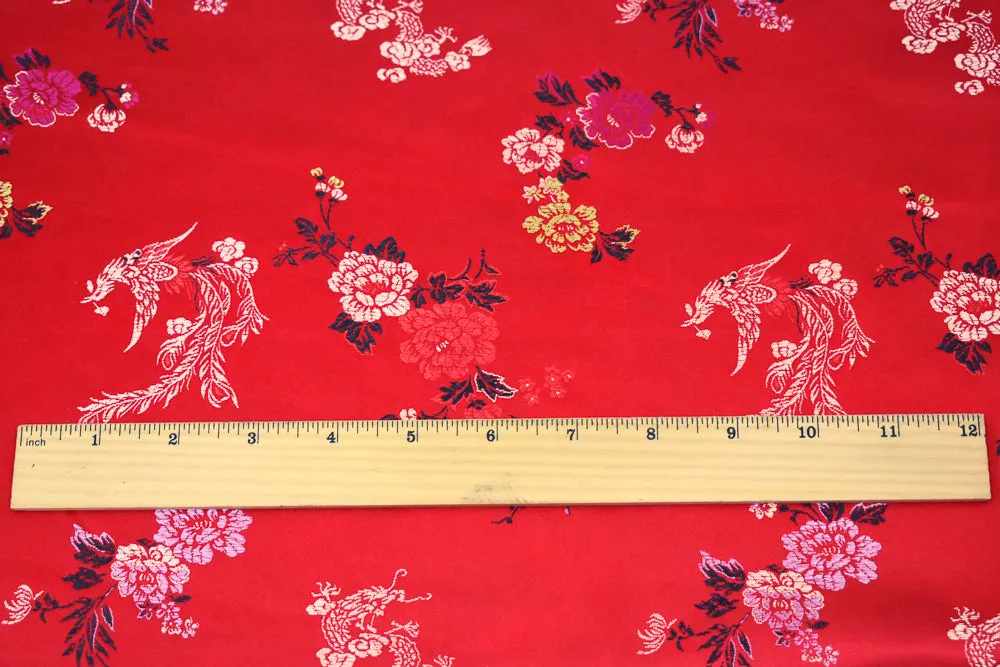 Red-Black-Multi Polyester Floral Dragon Chinese Brocade Woven Fabric