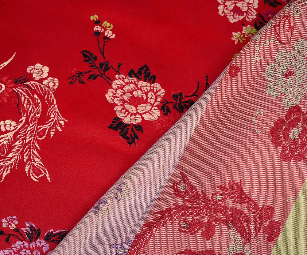 Red-Black-Multi Polyester Floral Dragon Chinese Brocade Woven Fabric