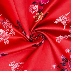 Red-Black-Multi Polyester Floral Dragon Chinese Brocade Woven Fabric