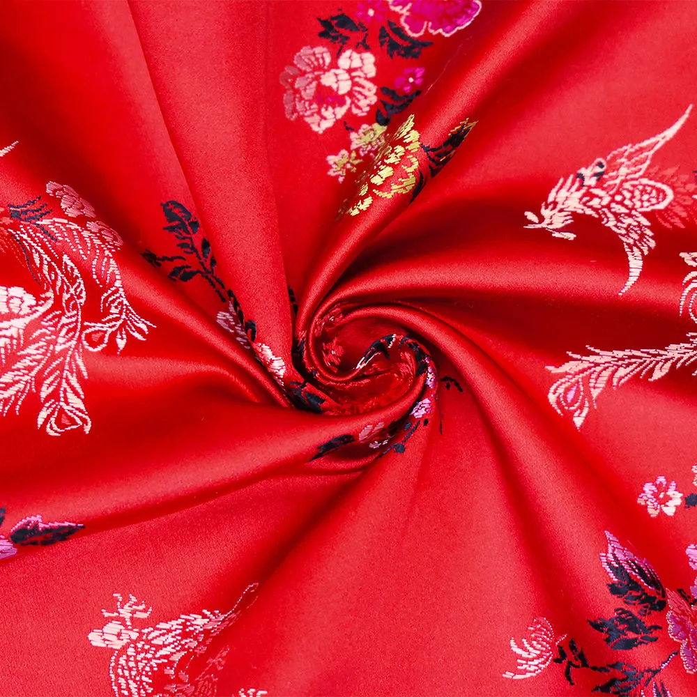 Red-Black-Multi Polyester Floral Dragon Chinese Brocade Woven Fabric
