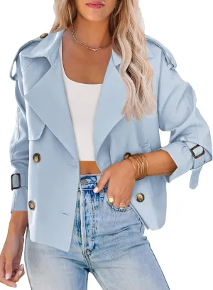 Saodimallsu Women Crop Double Breasted Trench Coat Raglan Sleeve Work Office Cropped Jacket With Pockets