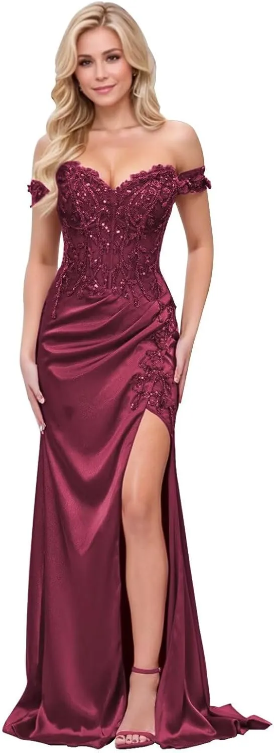 Satin Mermaid Prom Dresses for Women Long Off Shoulder Lace Applique Formal Evening Party Gown with Slit