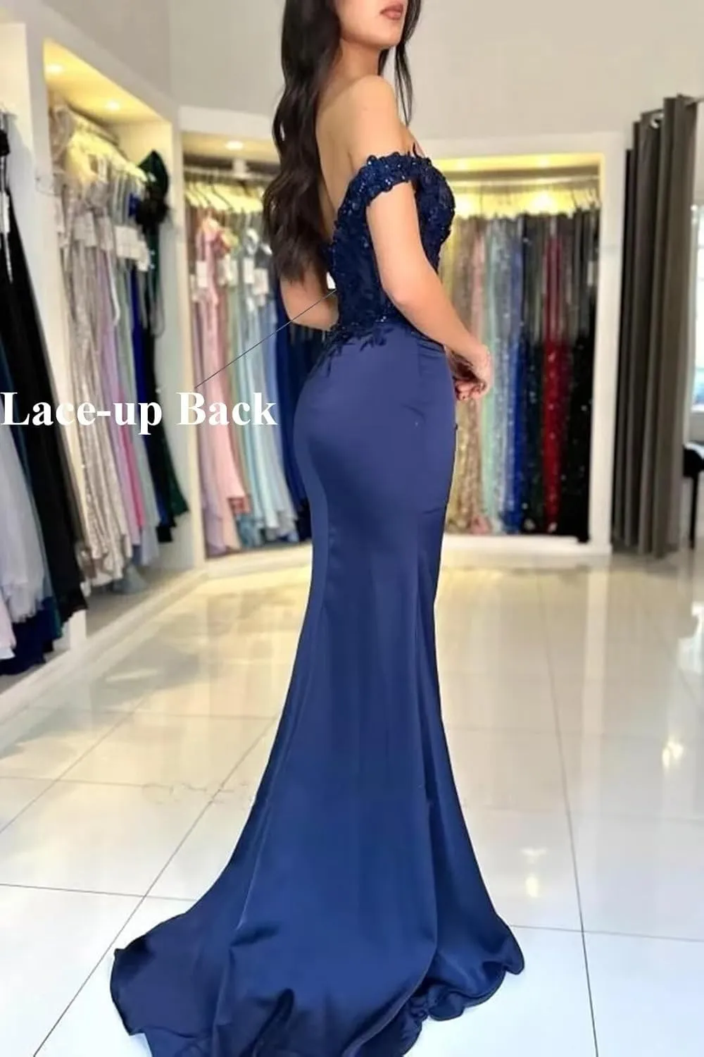 Satin Mermaid Prom Dresses for Women Long Off Shoulder Lace Applique Formal Evening Party Gown with Slit