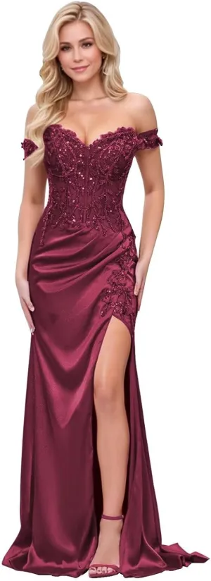 Satin Mermaid Prom Dresses for Women Long Off Shoulder Lace Applique Formal Evening Party Gown with Slit