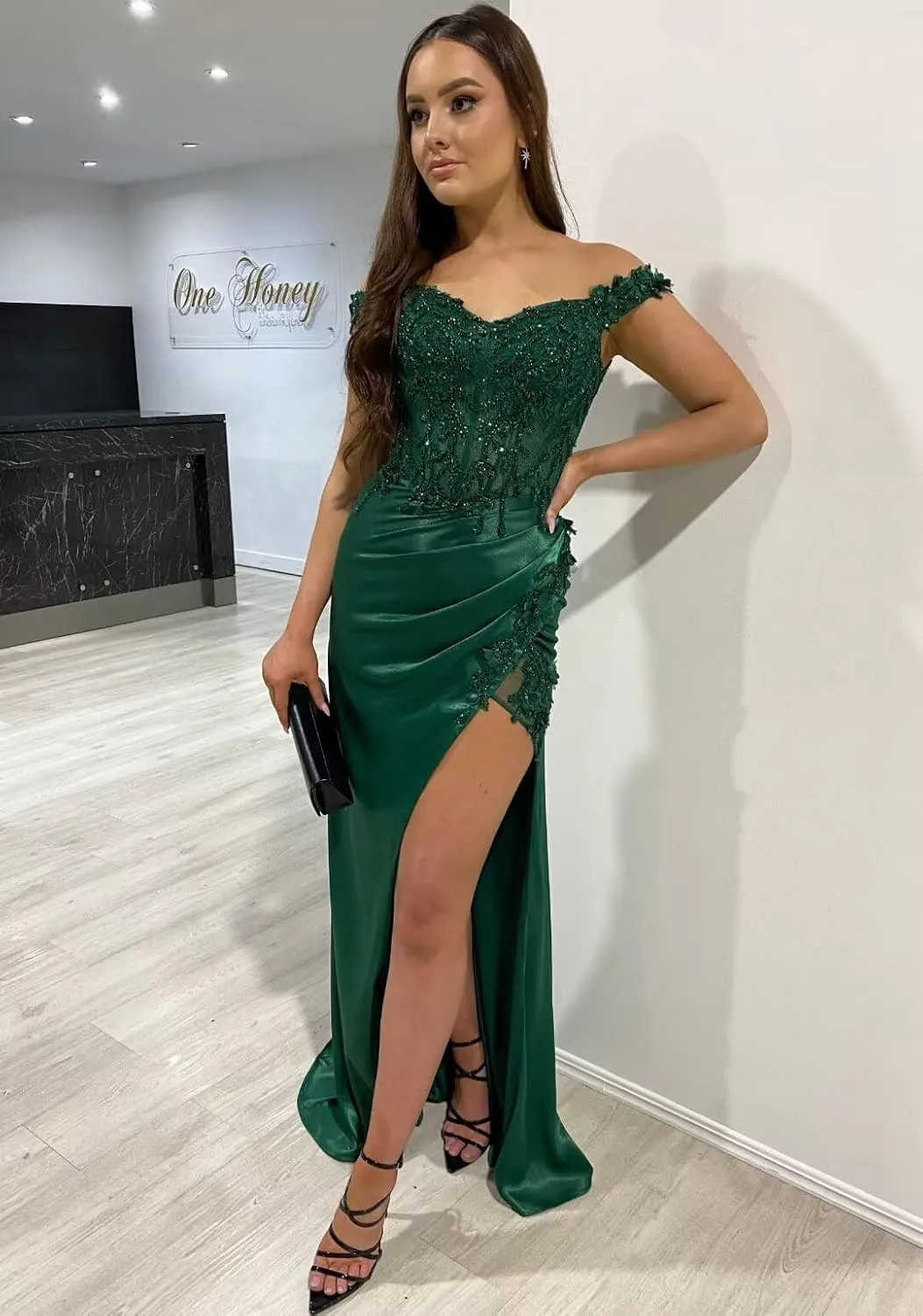 Satin Mermaid Prom Dresses for Women Long Off Shoulder Lace Applique Formal Evening Party Gown with Slit