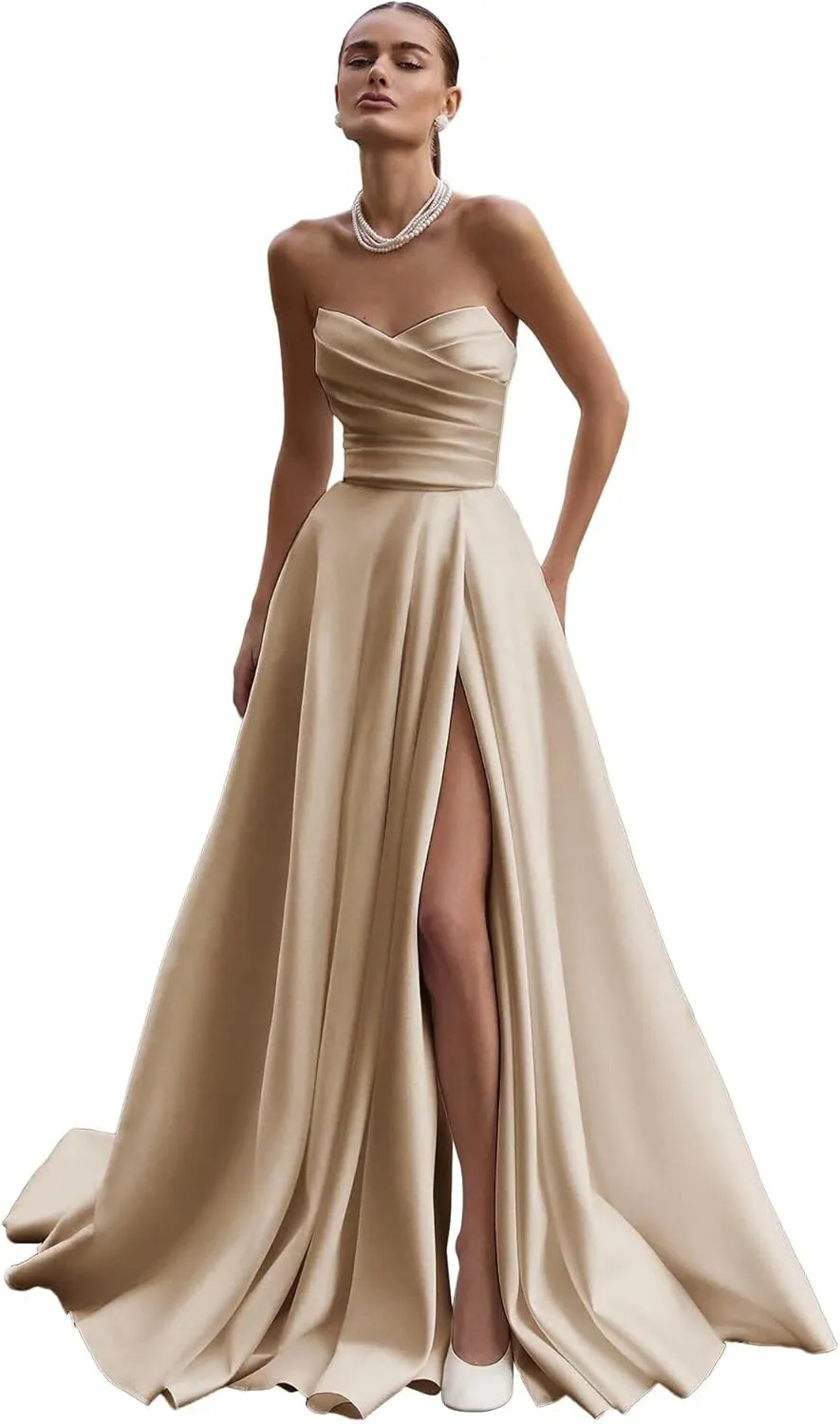 Satin Wedding Dresses for Bride Strapless Prom Dresses Long Ruched Ball Gown with Slit