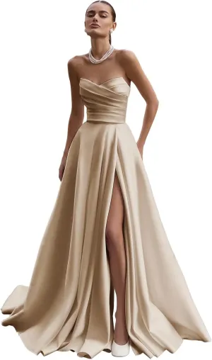 Satin Wedding Dresses for Bride Strapless Prom Dresses Long Ruched Ball Gown with Slit