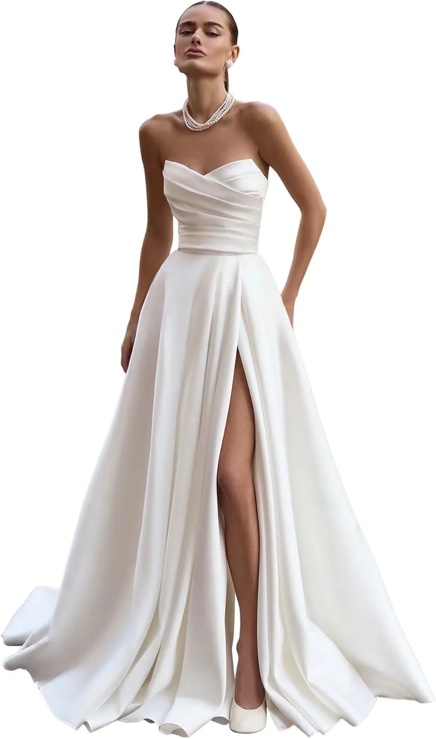 Satin Wedding Dresses for Bride Strapless Prom Dresses Long Ruched Ball Gown with Slit