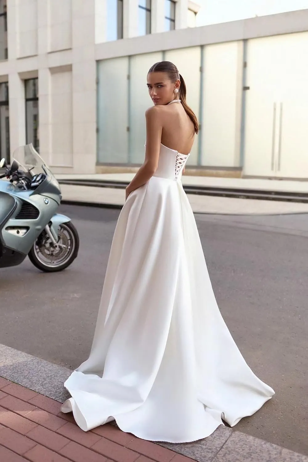 Satin Wedding Dresses for Bride Strapless Prom Dresses Long Ruched Ball Gown with Slit