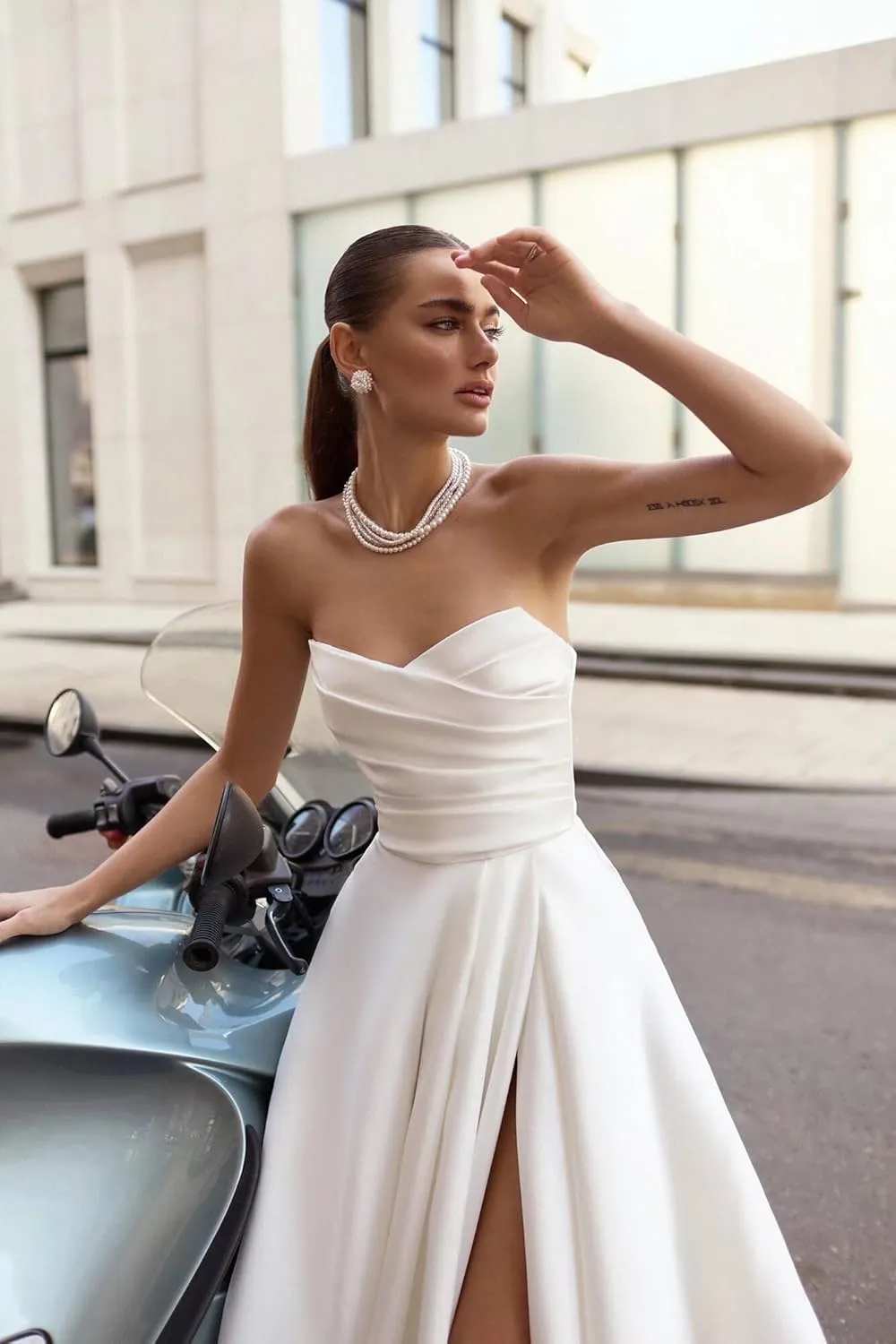 Satin Wedding Dresses for Bride Strapless Prom Dresses Long Ruched Ball Gown with Slit