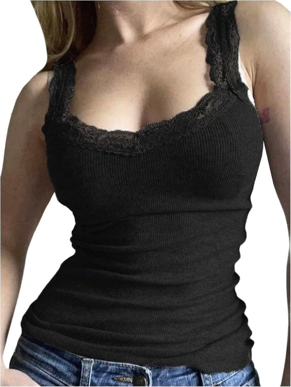 SHENHE Women's Lace Trim Camisole Undershirt Scoop Neck Ribbed Tank Y2k Baisic Fitted Cami Tops