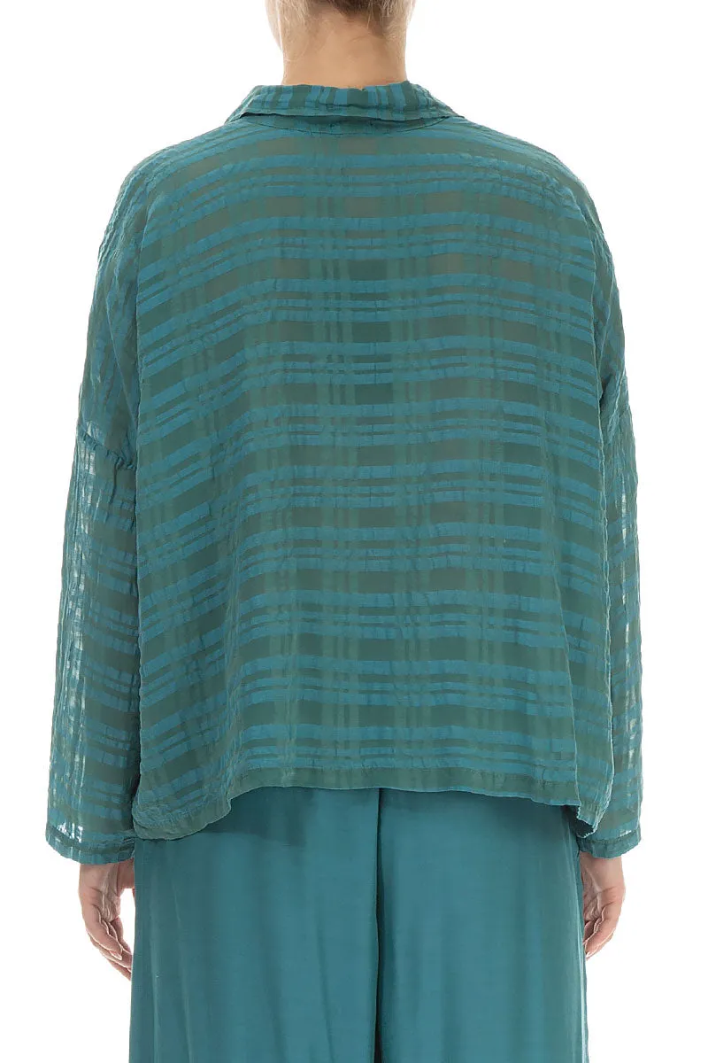 Side Pocket Turquoise Checkered Silk Cotton Jacket Shirt