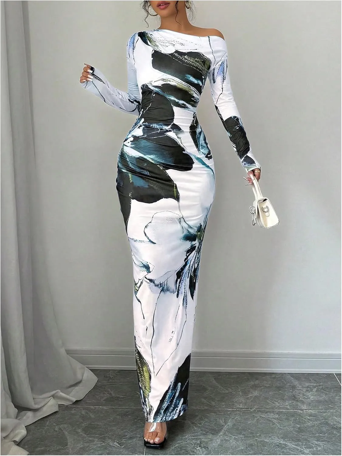 SOLY HUX Women's Long Sleeve Off The Shoulder Bodycon Maxi Dress Floral Elegant Party Dresses