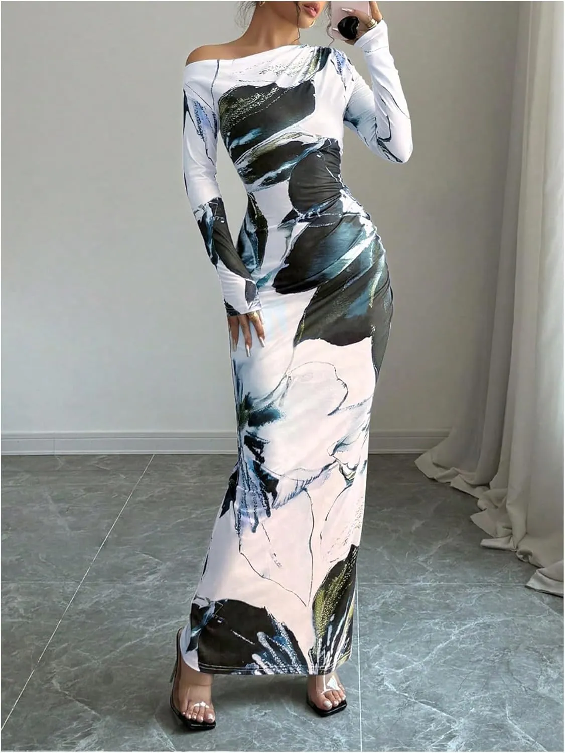 SOLY HUX Women's Long Sleeve Off The Shoulder Bodycon Maxi Dress Floral Elegant Party Dresses