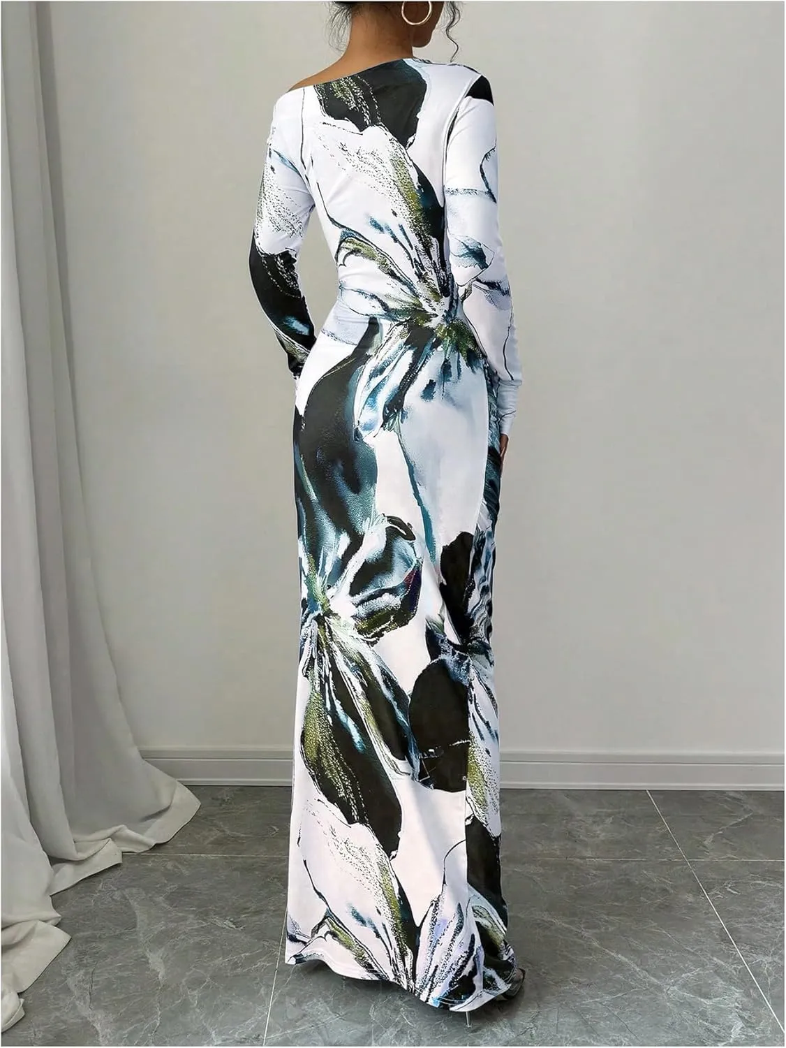 SOLY HUX Women's Long Sleeve Off The Shoulder Bodycon Maxi Dress Floral Elegant Party Dresses
