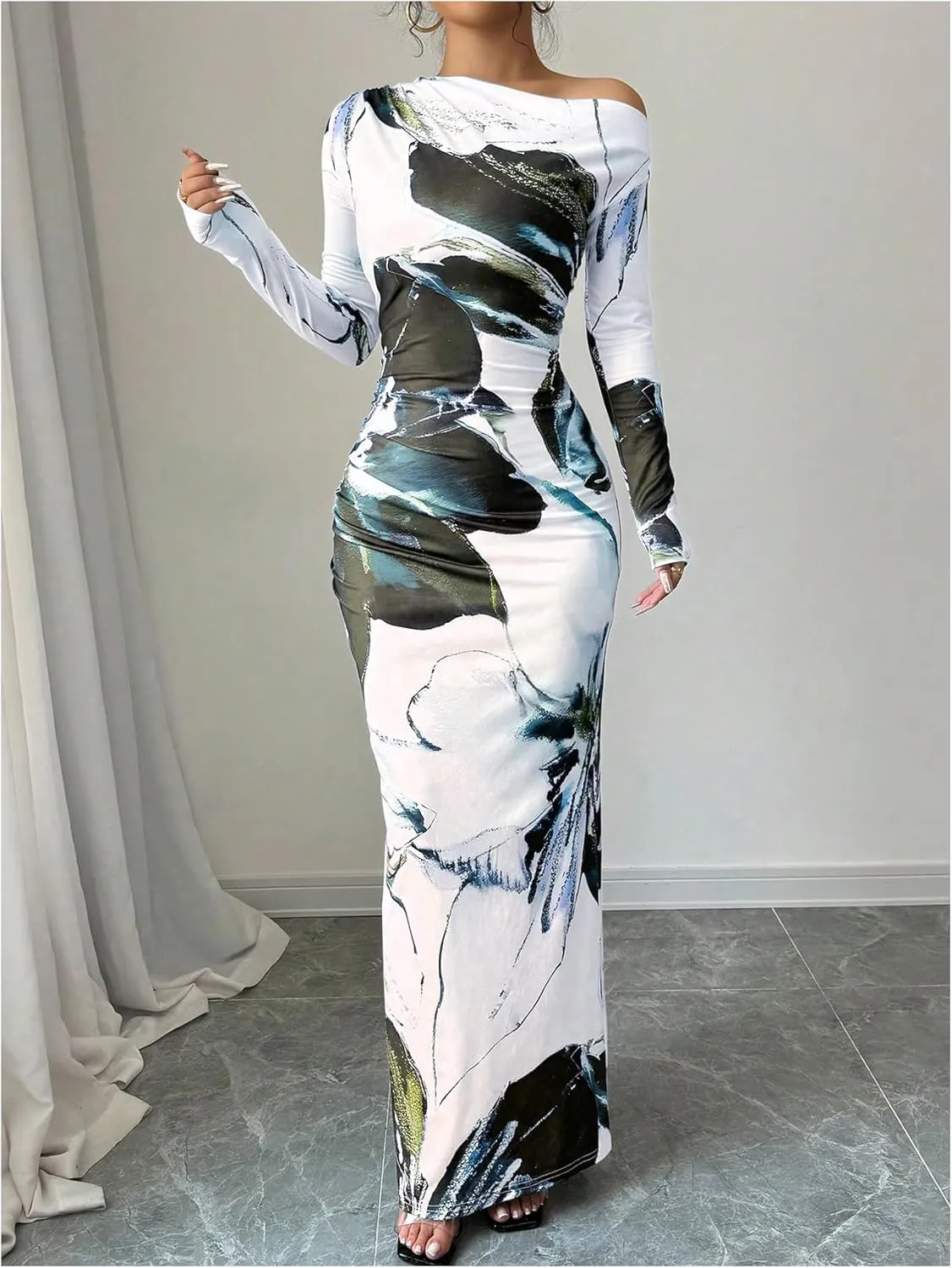 SOLY HUX Women's Long Sleeve Off The Shoulder Bodycon Maxi Dress Floral Elegant Party Dresses
