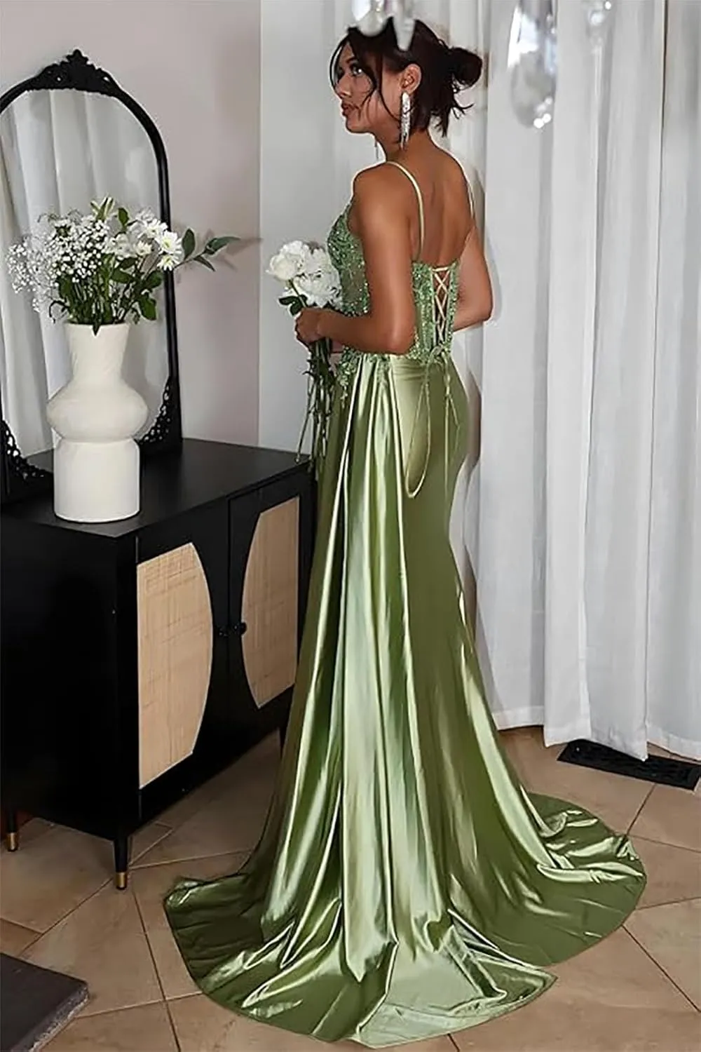 Spaghetti Straps Prom Dress Seqiuin Lace Satin Formal Gowns Mermaid Evening Party Dresses with Slit
