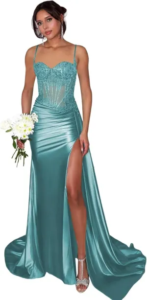 Spaghetti Straps Prom Dress Seqiuin Lace Satin Formal Gowns Mermaid Evening Party Dresses with Slit
