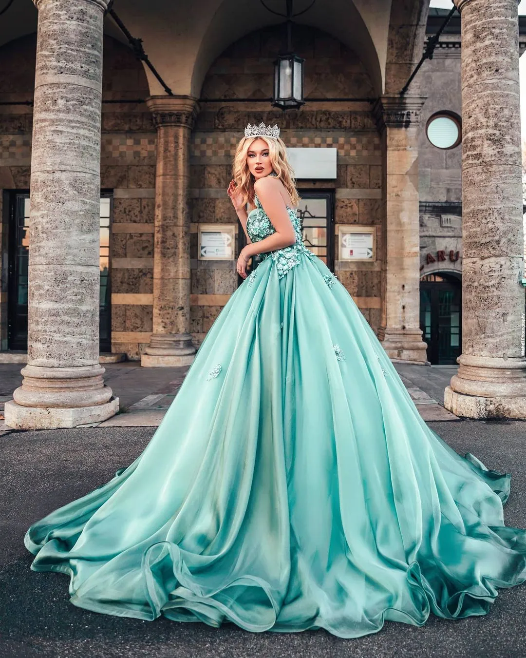 Stunning Halter Mint Green Satin Aline Evening Party Dress with 3D Floral Appliques