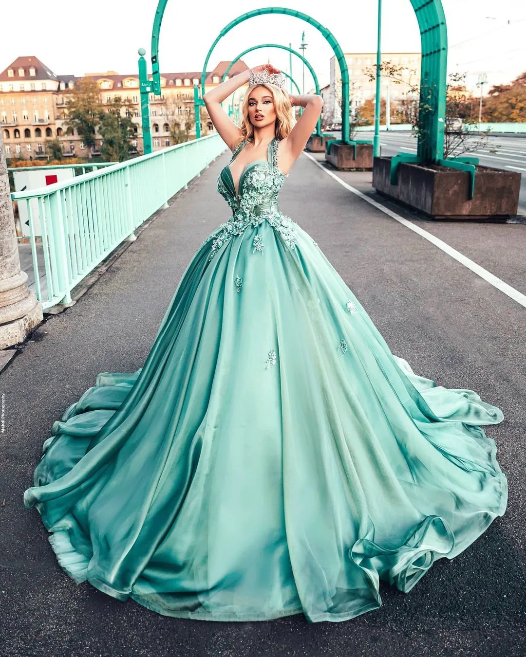 Stunning Halter Mint Green Satin Aline Evening Party Dress with 3D Floral Appliques