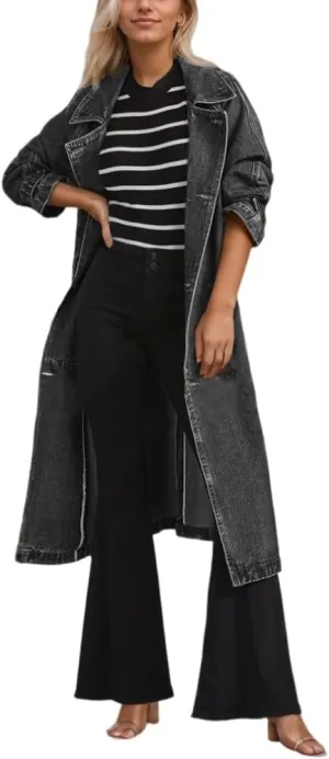 TIAFORD Women's Cotton Denim Belt Trench Coat Fall Winter Casual Knee Length Oversized Long Coats Jean Jacket with Pockets