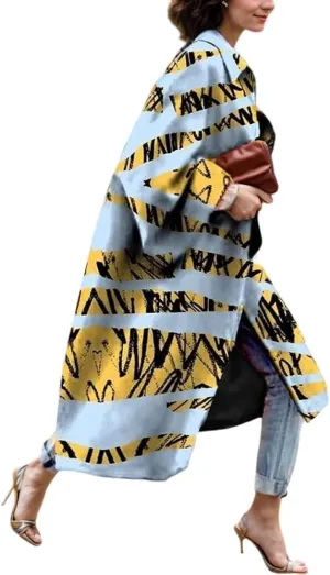 TIAFORD Women's Fall Winter Knee Length Trench Coat Casual Plus Size Floral Print Long Sleeve Turn Down Collar Long Pea Coats