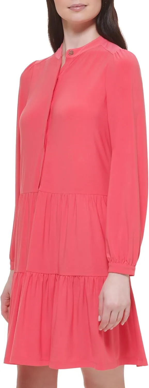 Tommy Hilfiger Women's Long Sleeve Button Front Tiered Jersey Mini Dress