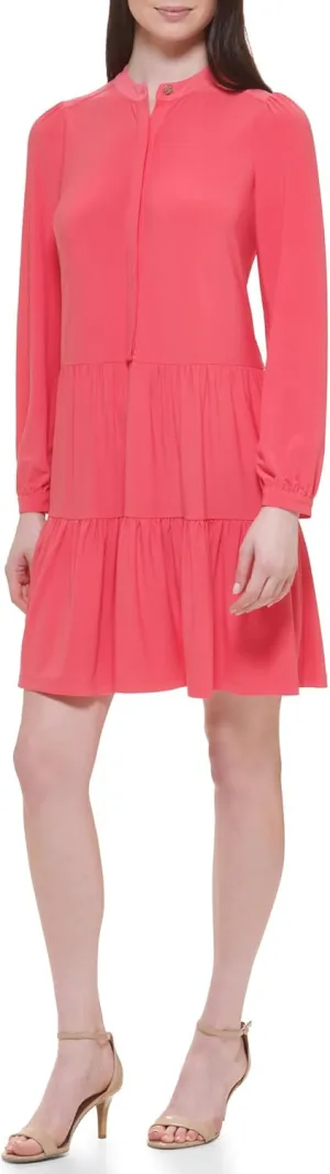 Tommy Hilfiger Women's Long Sleeve Button Front Tiered Jersey Mini Dress