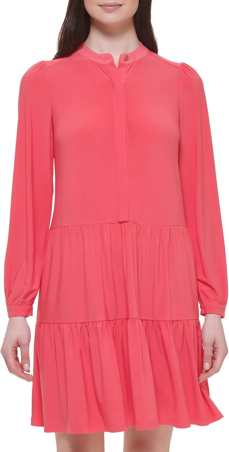 Tommy Hilfiger Women's Long Sleeve Button Front Tiered Jersey Mini Dress
