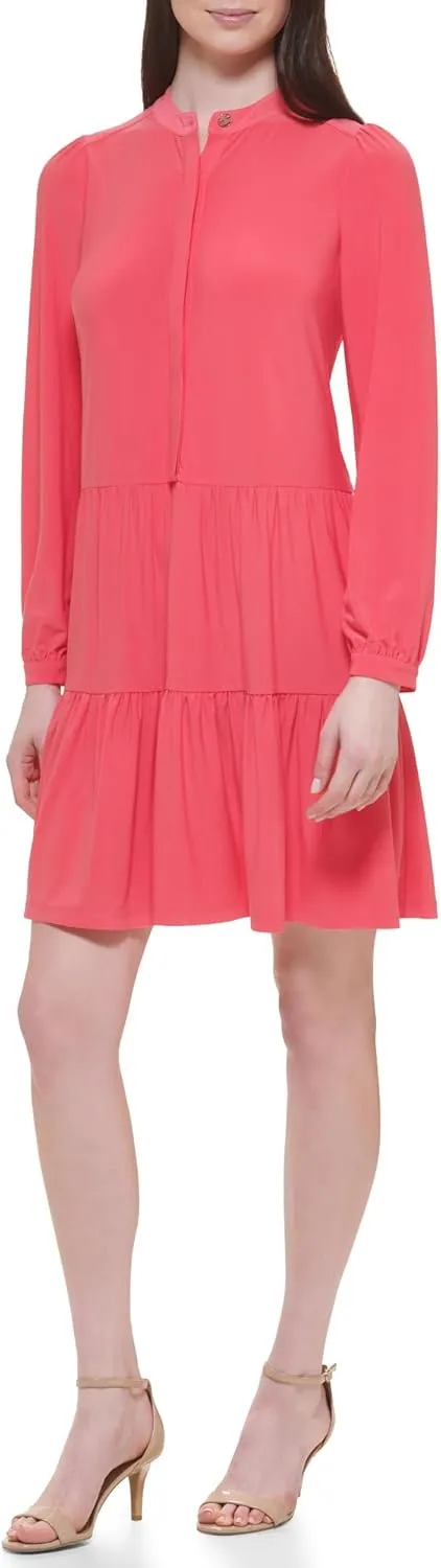 Tommy Hilfiger Women's Long Sleeve Button Front Tiered Jersey Mini Dress